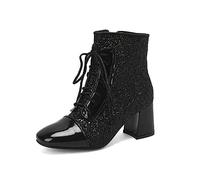 JIFAENY Women Glitter Gold Ankle Boots Square Toe Thick High-heeled Lace-up Zipper Boot Silver Bling Bling Shoes,black,UK4