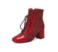 JIFAENY Women Glitter Gold Ankle Boots Square Toe Thick High-heeled Lace-up Zipper Boot Silver Bling Bling Shoes,red,UK6.5