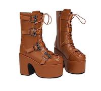 JIFAENY Women Mid Calf Botas Buckle Design Brand Dupe Black Matte Leather Cosplay Doll Shoes Punk Gothic Chunky Platform Boots,brown,UK4