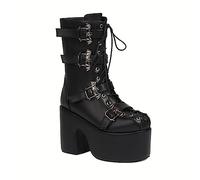 JIFAENY Women Mid Calf Botas Buckle Design Brand Dupe Black Matte Leather Cosplay Doll Shoes Punk Gothic Chunky Platform Boots,white,UK9