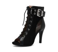 JIFAENY Women's Latin Dance 8CM Stiletto Heels Open Toe T-Strap Ankle Boots Sexy Buckle Jazz Salsa Performance Breathable Mesh Burlesque Heels Shoes (Black - Matte,6.5)