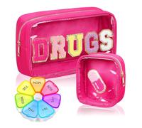 jiffordwind 2 Pcs Travel Medicine Bag with Medicine Box,Chenille Letter Clear Makeup Meds Bag Transparent PVC & Nylon Waterproof Portable Glitter Cosmetic Toiletry Storage for Women Girl (Pink)