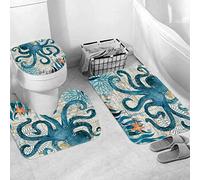 JIFOME 3 Pieces Bath Mat Set, Soft Superfine fiber Bathroom Rugs Mat,Octopus Nautical Blue Map Navigation Under The Sea Life Coastal,Machine Washable & Non Slip Bath Mats for Bathroom, Tub, Shower