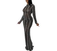 Jigfar Women Sexy Elegant Rhinestone Mesh See Through Bodycon Party Club Night Out Dress, A Black, M