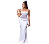 Jigfar Women Sexy Elegant Rhinestone Mesh See Through Party Club Night Split Bodycon Formal Maxi Dress, 89 White, M
