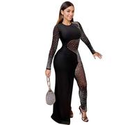 Jigfar Women Sexy Rhinestone Bodycon Jumpsuit Mesh See Through Patchwork Birthday Party Night Out Clubwear, 71 Black, Small