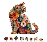 Jigfoxy Floral Cat Wooden Puzzles for Adults, 190 Piece Unique Animal Shaped Jigsaw Puzzle, Relaxing Brain Teaser Game, Creative Gift in Premium Box (13.4x12.5in)