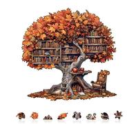 Jigfoxy Wooden Puzzles for Adults, 225-Piece Tree Library Jigsaw Puzzle, Unique Animal-Shaped Jigsaw Puzzle for Adults and Teens, Creative Gift with Premium Wooden Box,13.4 * 13.1in