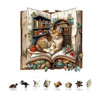 Jigfoxy Wooden Puzzles for Adults, 270-Piece Cat in a Book Jigsaw Puzzle, Unique Animal-Shaped Jigsaw Puzzle for Adults and Teens, Creative Gift with Premium Wooden Box,12.6 * 12.4in