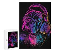 Jigsaw 1000 PCS for Adults Neon Bulldog Headphones Art Print Jigsaw Puzzle Brain Teaser Game Difficult Hard Deal As Gifts for The Whole Family 1000 PCS