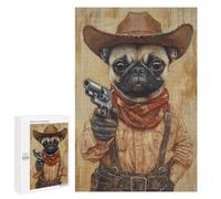 Jigsaw 1000 PCS for Teenagers Western Pug Cowboy Art Print-3 Puzzles for Teenagers Analysis And Logic Train Your Brain And Hands Unique Challenge Game 1000 PCS