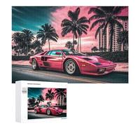 Jigsaw 1000 PCS for Teenagerss Pink Sports Car on Tropical Beach Jigsaw Relax Games Difficult Challenge Unique Gifts for Birthday And Christmas 1000 PCS