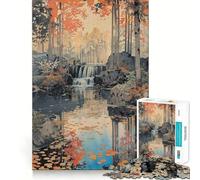 Jigsaw 1000 Piece Autumn Waterfall Landscape Painting Clean Fit Decor Brain Game Gift Quiet Time Game Birthday Art Gift (50x75cm)