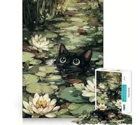Jigsaw 1000 Piece Black Cat in A Lily Pond Neat Cut Decor Logic Thinking Play Calm Game Time Xmas Decor Gift (50x75cm)