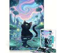 Jigsaw 1000 Piece Black Cat in Magical Lily Pond Fine Edge Craft, Creative Skill Toy, Leisure Game Time, Birthday Decor Gift (38x52cm)