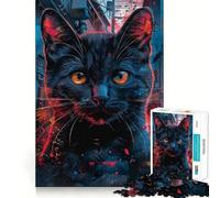 Jigsaw 1000 Piece Black Cat in Urban Setting Fine Edge Craft, Creative Skill Toy, Leisure Game Time, Birthday Decor Gift (38x26cm)