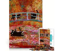 Jigsaw 1000 Piece BLACK Cat Monet WaterLily Exact Cut Art, Smart Play Activity, Calm Play Time, Birthday Decor Gift (50x75cm)