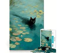 Jigsaw 1000 Piece Black Cat Swimming in Lily Pond Fine Edge Craft, Creative Skill Toy, Leisure Game Time, Birthday Decor Gift (38x52cm)