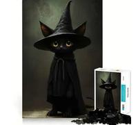 Jigsaw 1000 Piece Black Cat Witch with Hat And Cape Sharp Joint Play, Mind Training Fun, Cozy Time Game, Christmas Wall Art (50x75cm)