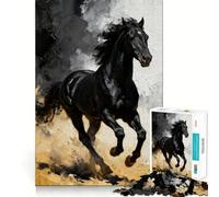Jigsaw 1000 Piece Black Horse Galloping Painting Sharp Joint Play, Mind Training Fun, Cozy Time Game, Christmas Wall Art (38x26cm)