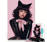 Jigsaw 1000 Piece Black Pink Kitty Fine Edge Craft, Creative Skill Toy, Leisure Game Time, Birthday Decor Gift (38x52cm)