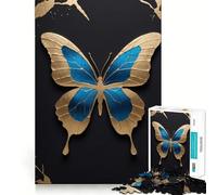 Jigsaw 1000 Piece Blue And Gold Butterfly on Black Exact Cut Art, Smart Play Activity, Calm Play Time, Birthday Decor Gift (38x52cm)