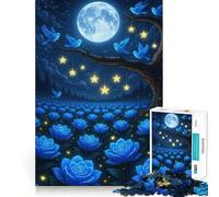 Jigsaw 1000 Piece Blue Roses, Birds, Moon, And Stars Fine Edge Craft, Creative Skill Toy, Leisure Game Time, Birthday Decor Gift (50x75cm)