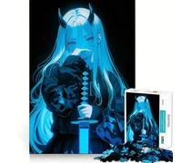 Jigsaw 1000 Piece Blue Samurai Neon Anime Girl Exact Cut Art, Smart Play Activity, Calm Play Time, Birthday Decor Gift (38x52cm)