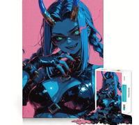 Jigsaw 1000 Piece Blue-skinned Demon Girl with Horns Sharp Joint Play, Mind Training Fun, Cozy Time Game, Christmas Wall Art (38x26cm)