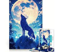 Jigsaw 1000 Piece Blue Wolf Howling at The Moon Fine Edge Craft, Creative Skill Toy, Leisure Game Time, Birthday Decor Gift (50x75cm)