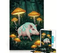 Jigsaw 1000 Piece Boar in Enchanted Mushroom Forest Sharp Joint Play, Mind Training Fun, Cozy Time Game, Christmas Wall Art (38x52cm)