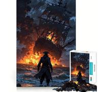 Jigsaw 1000 Piece Burning Ship And Pirate on Shore Neat Cut Decor Logic Thinking Play Calm Game Time Xmas Decor Gift (38x26cm)