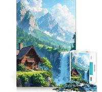 Jigsaw 1000 Piece Cabin by Waterfall in Mountain Landscape Flawless Fit Art Mind Challenge Toy Downtime Game Fun Birthday Fun Gift (38x26cm)