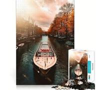 Jigsaw 1000 Piece Canal Boat in Amsterdam Autumn Neat Cut Decor Logic Thinking Play Calm Game Time Xmas Decor Gift (38x52cm)