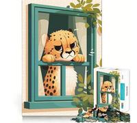 Jigsaw 1000 Piece Cartoon Cheetah Looking Out Window Flawless Fit Art Mind Challenge Toy Downtime Game Fun Birthday Fun Gift (38x26cm)