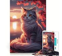 Jigsaw 1000 Piece Cat by The Lake at Sunset Neat Cut Decor Logic Thinking Play Calm Game Time Xmas Decor Gift (38x26cm)
