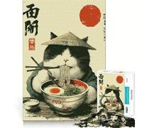 Jigsaw 1000 Piece Cat Eating Ramen with A Hat Neat Cut Decor Logic Thinking Play Calm Game Time Xmas Decor Gift (38x26cm)