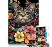 Jigsaw 1000 Piece Cat Floral Portrait Design Neat Cut Decor Logic Thinking Play Calm Game Time Xmas Decor Gift (38x52cm)