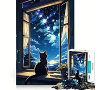 Jigsaw 1000 Piece Cat Gazing at The Night Sky Neat Cut Decor Logic Thinking Play Calm Game Time Xmas Decor Gift (38x26cm)