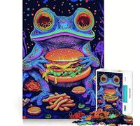 Jigsaw 1000 Piece Trippy Frog Eating Burger Neat Cut Decor Logic Thinking Play Calm Game Time Xmas Decor Gift (50x75cm)
