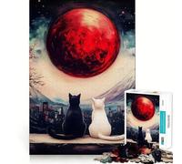 Jigsaw 1000 Pieces Black And White Cats Under Red Moon Accurate Cut Art Creative Brain Play Easy Play Game Xmas Art Display (38x26cm)