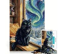 Jigsaw 1000 Pieces Black Cat by Window with Aurora Smooth Edge Play Mind Skill Fun Cozy Time Play Birthday Hobby Gift (50x75cm)
