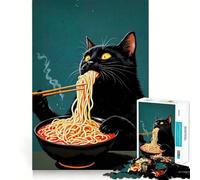 Jigsaw 1000 Pieces Black Cat Eating Ramen Noodles Accurate Cut Art Creative Brain Play Easy Play Game Xmas Art Display (38x52cm)