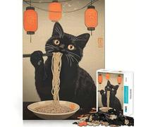 Jigsaw 1000 Pieces Black Cat Eating Ramen Noodles Art Smooth Edge Play Mind Skill Fun Cozy Time Play Birthday Hobby Gift (38x26cm)