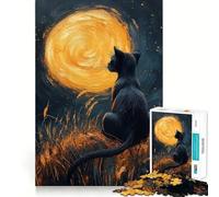 Jigsaw 1000 Pieces Black Cat Gazing at The Moon Perfect Edge Play Cognitive Fun Play Slow Play Fun Xmas Art Display (50x75cm)