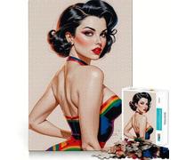 Jigsaw 1000 Pieces Brunette Pin-up Rainbow Perfect Edge Play Cognitive Fun Play Slow Play Fun Xmas Art Display (38x26cm)