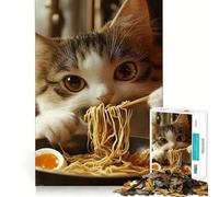 Jigsaw 1000 Pieces Cat Eating Ramen Perfect Edge Play Cognitive Fun Play Slow Play Fun Xmas Art Display (38x52cm)