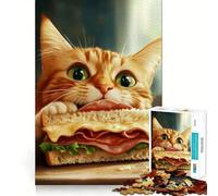 Jigsaw 1000 Pieces Cat Eating Sandwich Perfect Edge Play Cognitive Fun Play Slow Play Fun Xmas Art Display (50x75cm)