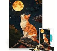 Jigsaw 1000 Pieces Cat Gazing at The Moon Perfect Edge Play Cognitive Fun Play Slow Play Fun Xmas Art Display (38x26cm)