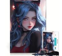 Jigsaw 1000 Pieces Cat Girl Blue Neon Anime Perfect Edge Play Cognitive Fun Play Slow Play Fun Xmas Art Display (50x75cm)